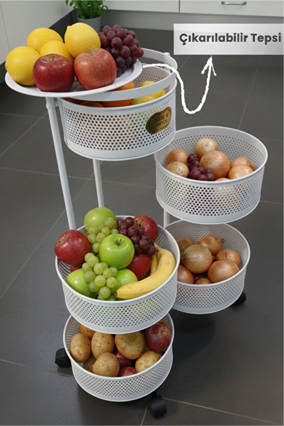 5 Katlı Tekerlekli Tepsili Metal Sebzelik Açılır Patates Soğan Meyvelik Sepeti Raf BEYAZ