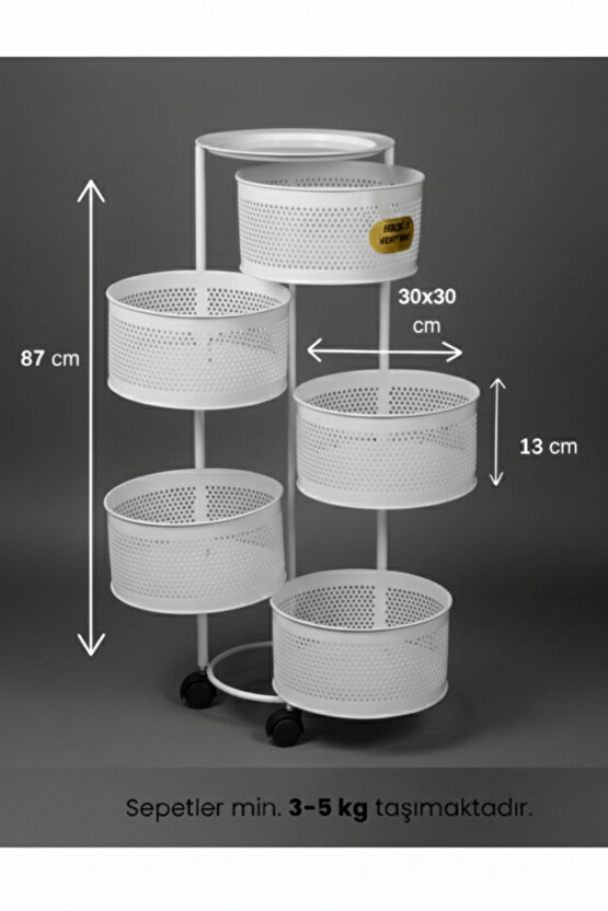 5 Katlı Tekerlekli Tepsili Metal Sebzelik Açılır Patates Soğan Meyvelik Sepeti Raf BEYAZ