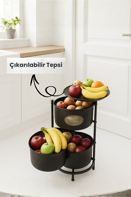 3 Katlı Tepsili Metal Sebzelik Açılır Metal Patates Soğan Meyvelik Sepeti Rafı Siyah