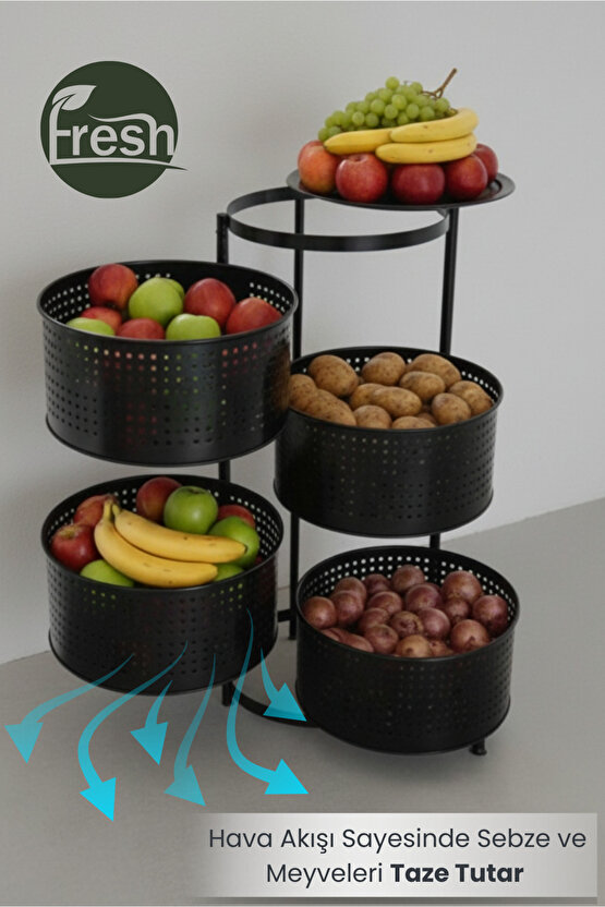 4 Katlı Tepsili Metal Sebzelik Açılır Metal Patates Soğan Meyvelik Sepeti Rafı Siyah