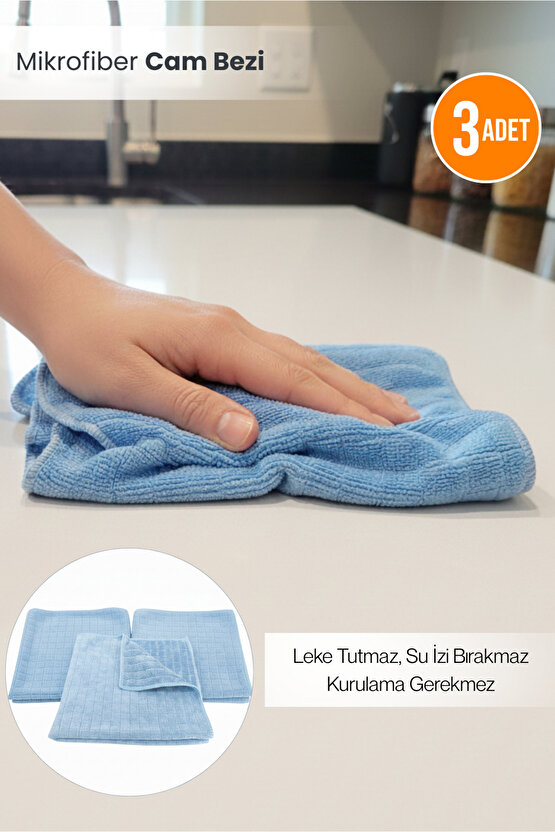 3lü Mavi Kare Desen Mikrofiber Mutfak Bezi Genel Temizlik Bezi Yüzey Temizlik Bezi 37,5x40 cm