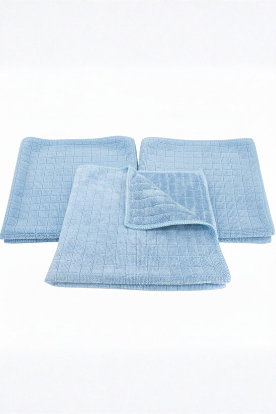 3lü Mavi Kare Desen Mikrofiber Mutfak Bezi Genel Temizlik Bezi Yüzey Temizlik Bezi 37,5x40 cm