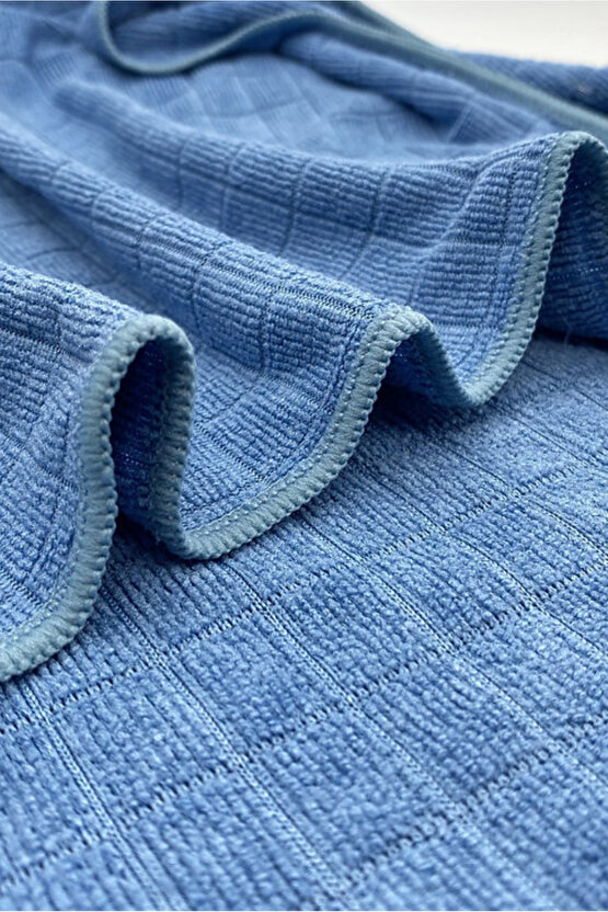 3lü Mavi Kare Desen Mikrofiber Mutfak Bezi Genel Temizlik Bezi Yüzey Temizlik Bezi 37,5x40 cm