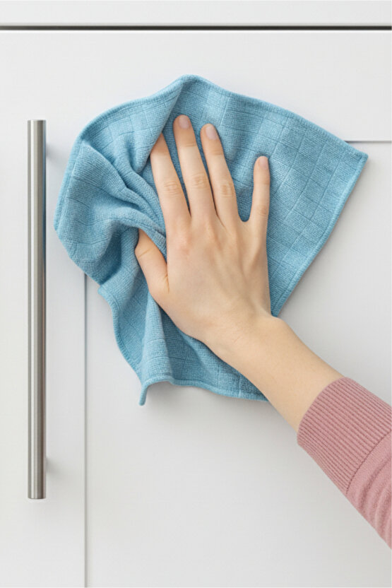 3lü Mavi Kare Desen Mikrofiber Mutfak Bezi Genel Temizlik Bezi Yüzey Temizlik Bezi 37,5x40 cm