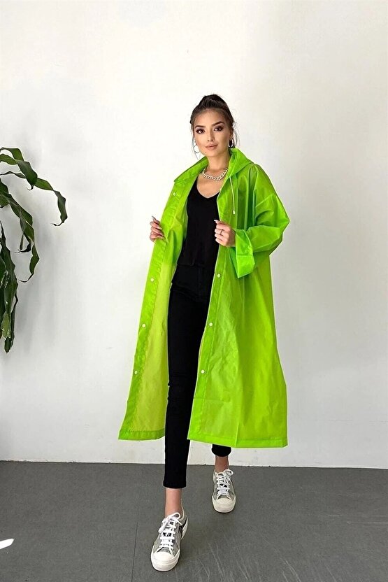 Eva Su Geçirmez Kaliteli Uzun Yağmurluk Unisex - Kadın Erkek Kapüşonlu Çıtçıtlı Standart Beden