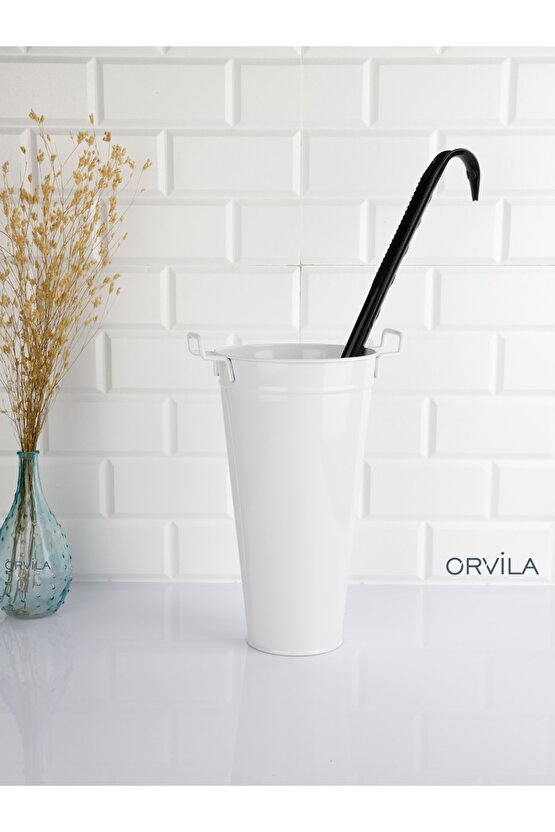 Beyaz Metal Konik Vazo Şemsiyelik Kova Dekoratif Çiçeklik Aranjman Metal Saksı