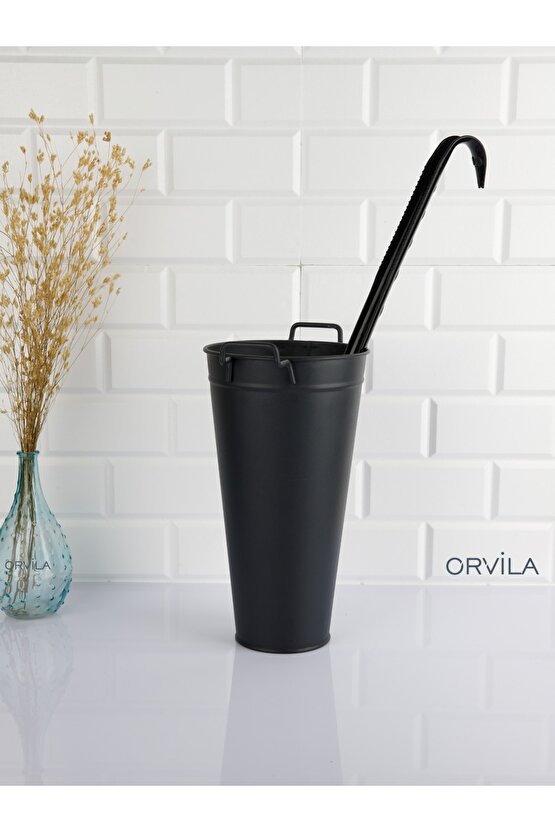 Siyah Metal Konik Vazo Şemsiyelik Kova Dekoratif Çiçeklik Aranjman Metal Saksı