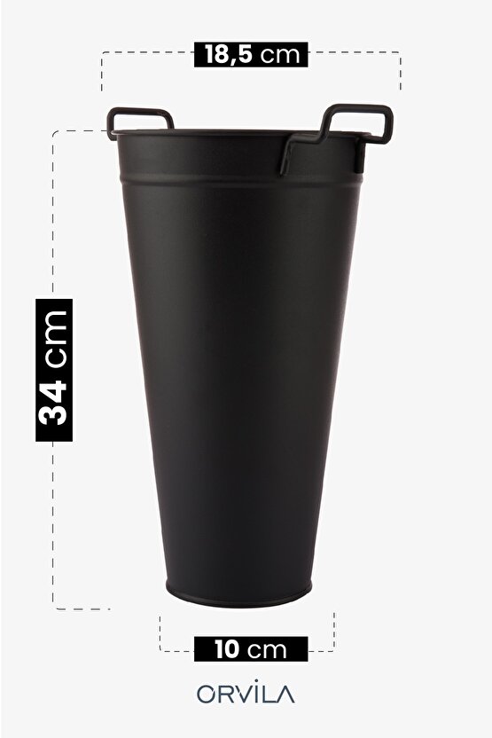 Siyah Metal Konik Vazo Şemsiyelik Kova Dekoratif Çiçeklik Aranjman Metal Saksı