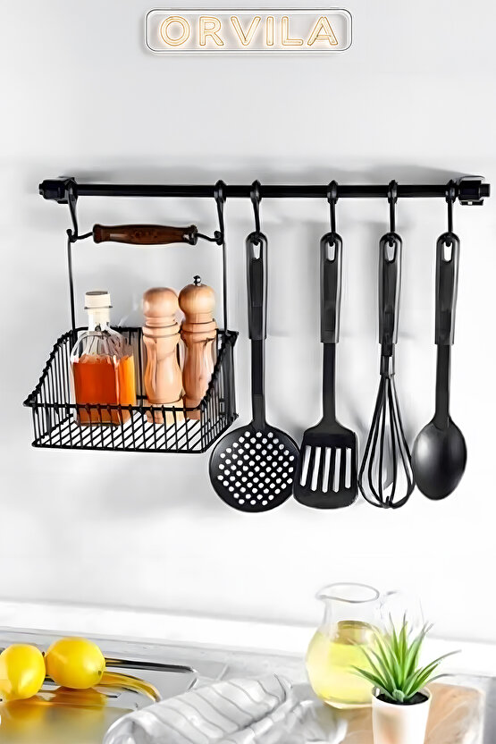 Siyah Retro Sepet Ve 6 Kancalı Askılı Boru Seti - Metal