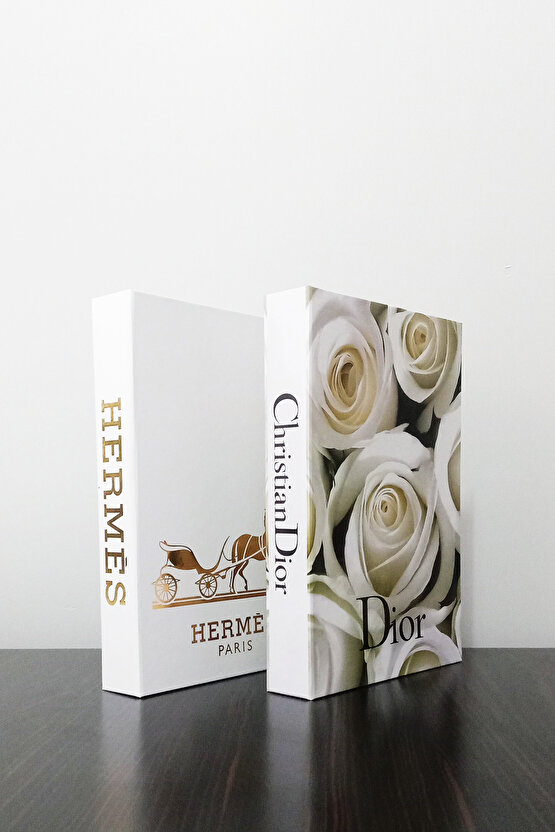 2li Dekoratif Kitap Kutu Görünümlü  Beyaz Yaldız &  Beyaz Gül Temalı