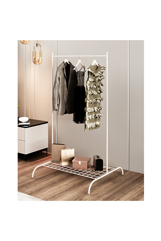 Konfeksiyon Askısı Metal Raflı Askılık Ayaklı Kıyafet Askılığı Beyaz 1509