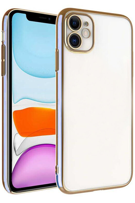 iPhone 11 Uyumlu Arka Kapak Kılıf Şeffaf Renkli Açık Mavi Kenarlı Rose