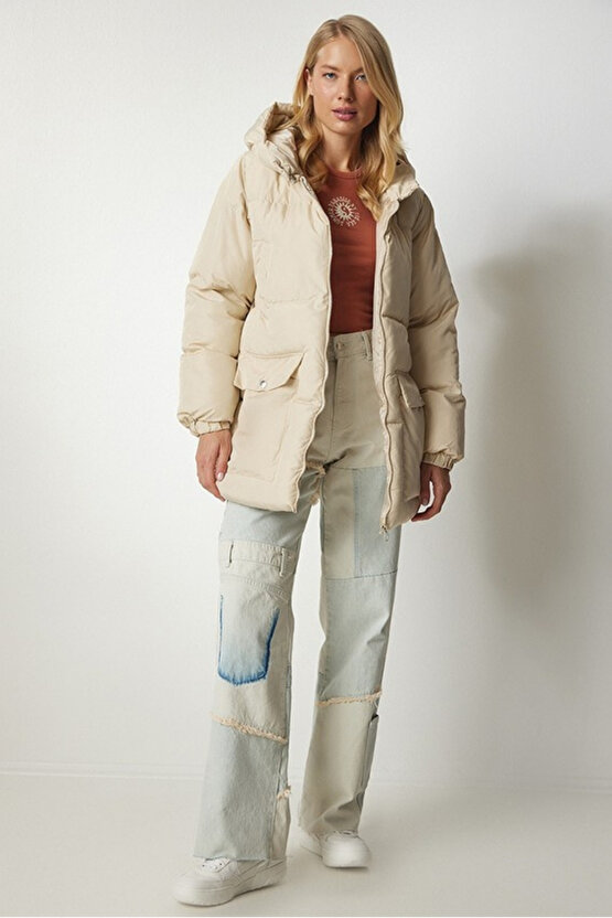 Kadın Oversize Şişme Mont Kapüşonlu - 4 Cep Detaylı Fermuarlı Kışlık Günlük Mont