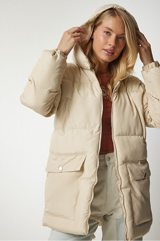 Kadın Oversize Şişme Mont Kapüşonlu - 4 Cep Detaylı Fermuarlı Kışlık Günlük Mont