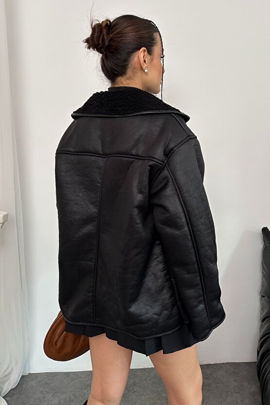 Kadın İçi Peluş Kürklü Oversize Suni Deri Mont - Else Lamine Süet Ceket