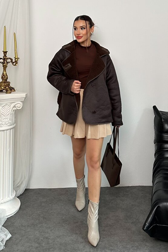 Kadın İçi Peluş Kürklü Oversize Suni Deri Mont - Else Lamine Süet Ceket