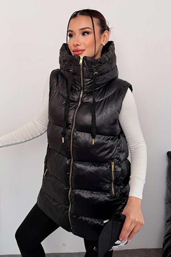 Kadın Uzun Siyah Kapüşonlu Şişme Yelek – Astronot Yaka, Su Geçirmez, Oversize