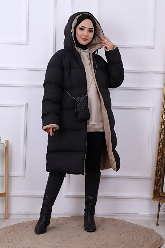 Çift Taraflı Giyilebilir Kapüşonlu Uzun Kadın Şişme Mont – SiyahBej – Su Geçirmez Kışlık Kaban