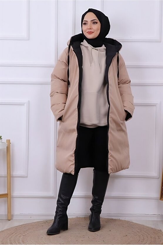 Çift Taraflı Giyilebilir Kapüşonlu Uzun Kadın Şişme Mont – SiyahBej – Su Geçirmez Kışlık Kaban