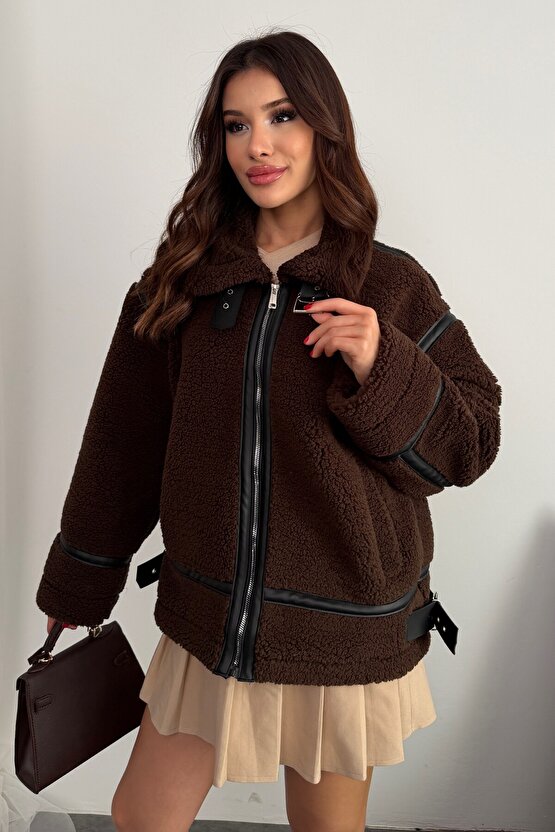 Kadın Deri Detaylı Oversize Peluş Mont - Premium Tasarım Biker Teddy Kaban Ceket