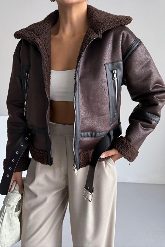 Kadın Kürk Astarlı Suni Deri Mont - Kahverengi Oversize Fermuarlı Kışlık Biker Ceket