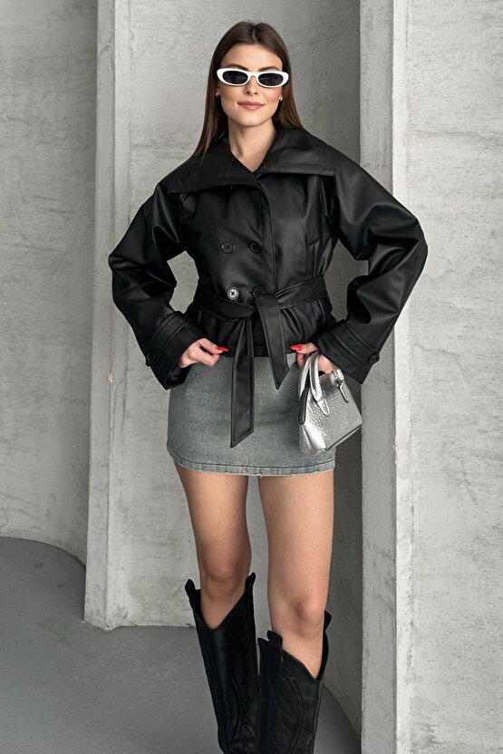 Kadın Deri Trençkot Ceket - Kuşaklı, Düğmeli Crop Biker Suni Deri Mont