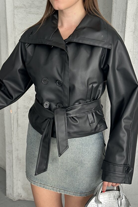 Kadın Deri Trençkot Ceket - Kuşaklı, Düğmeli Crop Biker Suni Deri Mont