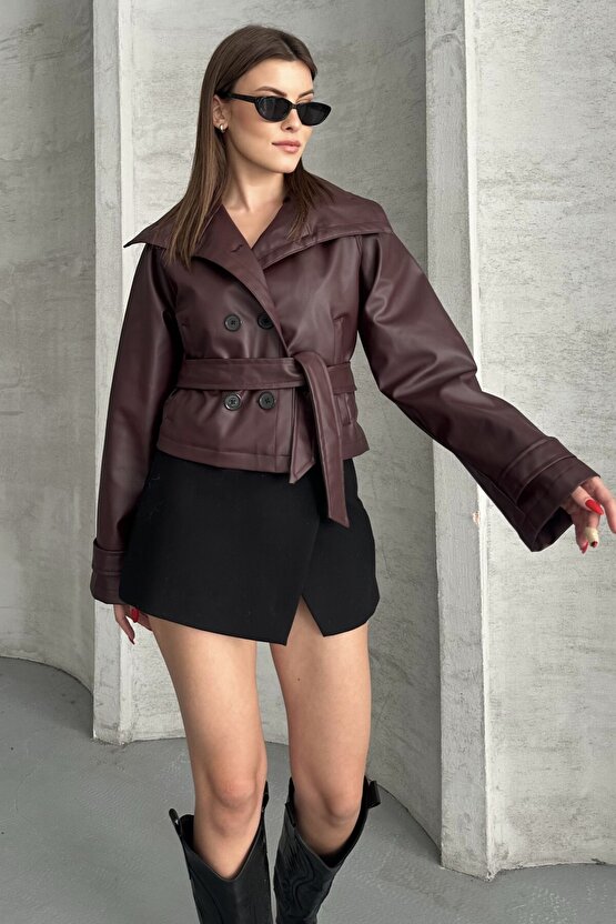 Kadın Deri Trençkot Ceket - Kuşaklı, Düğmeli Crop Biker Suni Deri Mont