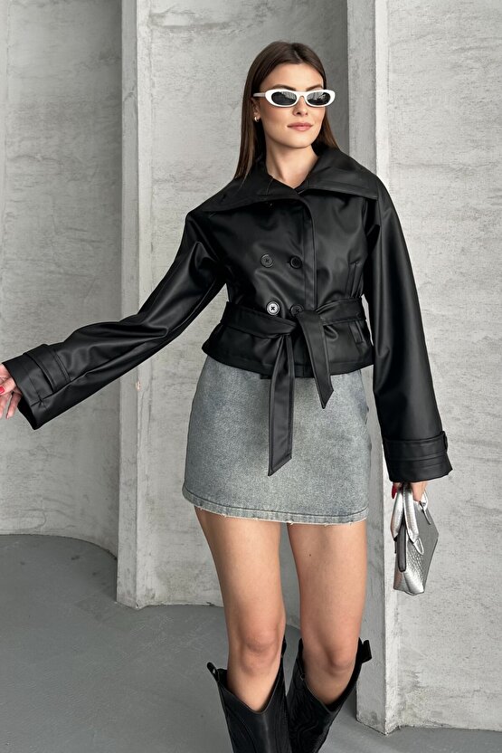 Kadın Deri Trençkot Ceket - Kuşaklı, Düğmeli Crop Biker Suni Deri Mont