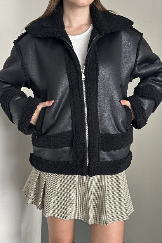 Kadın Kürklü Deri Mont - Oversize Suni Deri Kaban - Shearling İçi Peluş Ceket (Kahverengi  Siyah)
