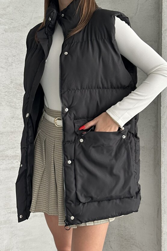 Kadın Şişme Yelek - Cepli Fermuarlı Günlük Şişme Yelek