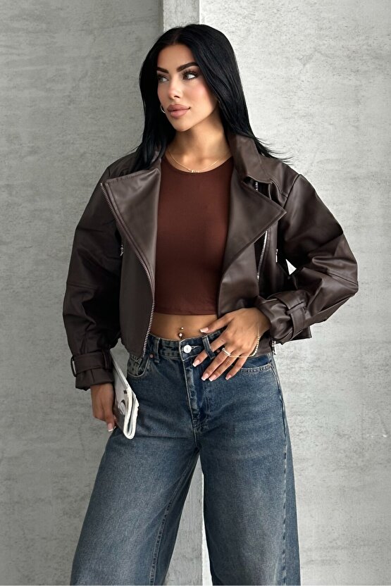 Suni Deri Balon Kol Biker Ceket