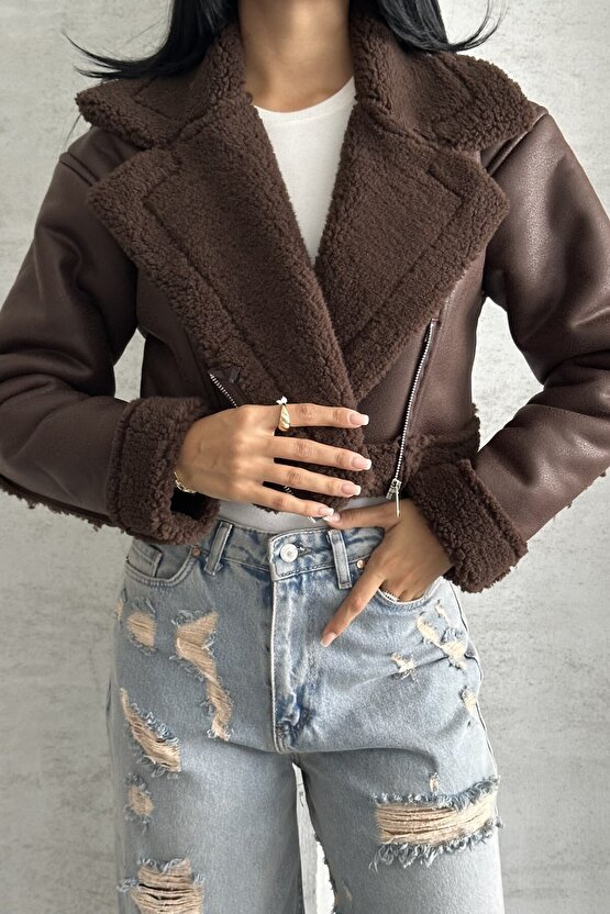 Kadın İçi Kürklü Suni Deri Mont - Crop Biker Deri Ceket
