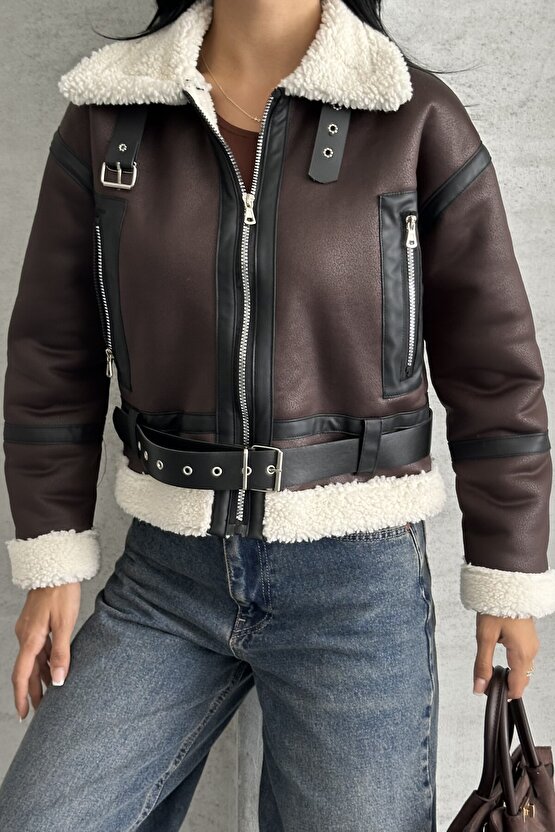 Kadın Kemerli İçi Kürklü Deri Mont - Biker Deri Ceket