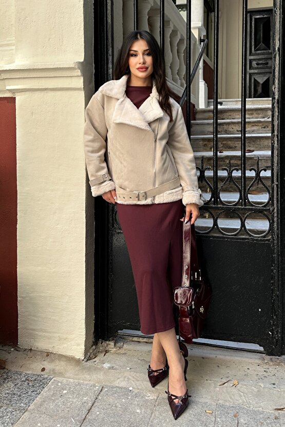 Kadın İçi Rapitli Kemer Detaylı Süet Kaban Mont