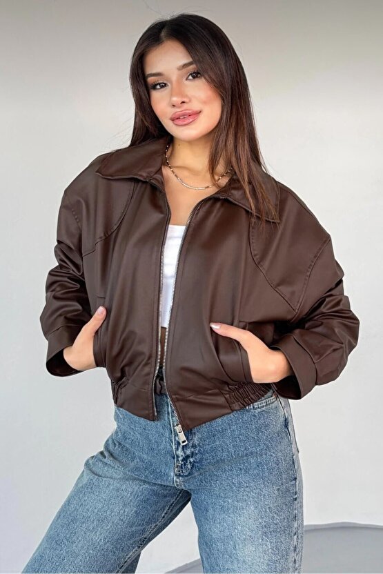 Yakalı Suni Deri Bomber Ceket
