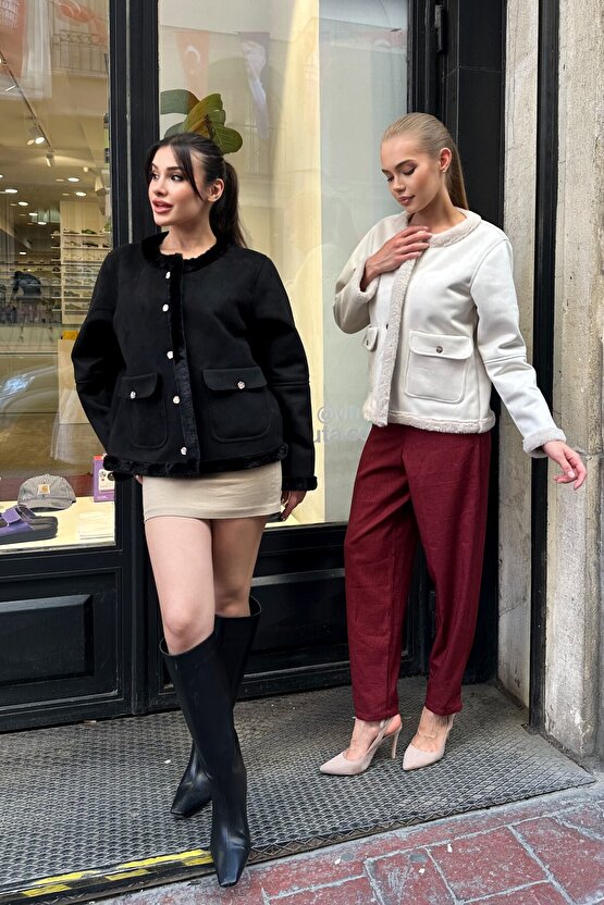 Kadın İçi Suni Kürklü Süet Ceket - Yumuşak Dokulu, Düğmeli