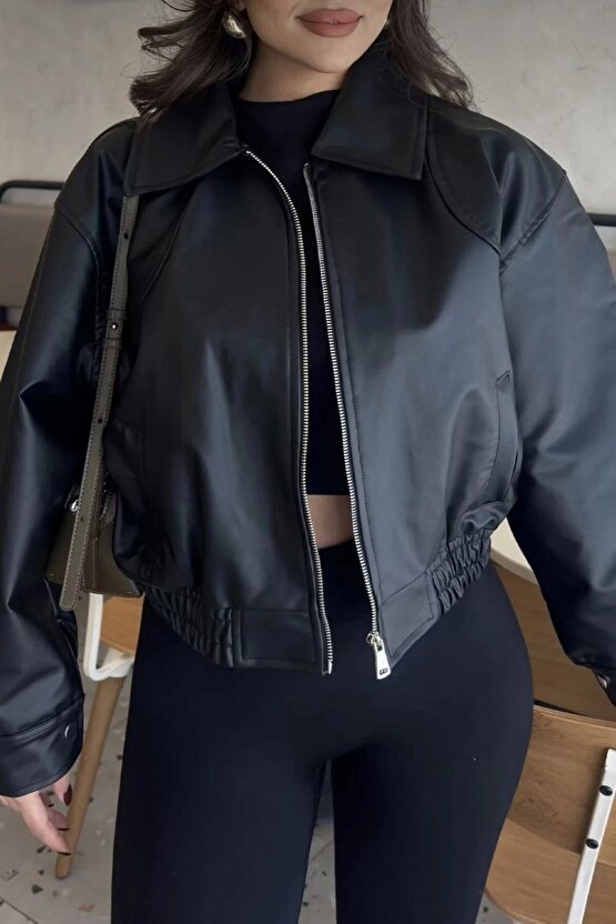 Yakalı Suni Deri Bomber Ceket