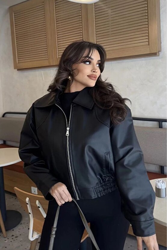 Yakalı Suni Deri Bomber Ceket