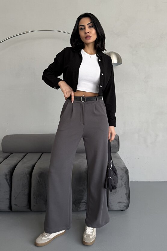 Yüksek Bel Bol Paça Kemerli Likralı Kadın Palazzo Pantolon - Gri