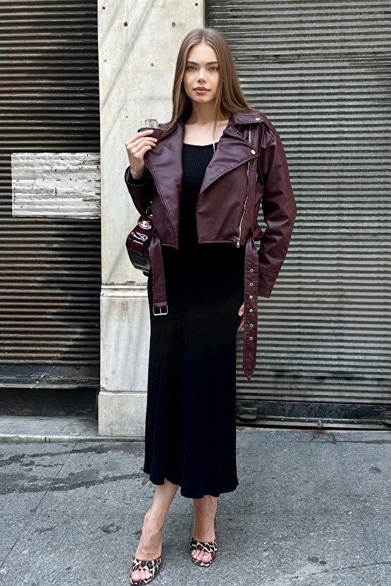 Kemerli Oversize Crop Deri Ceket