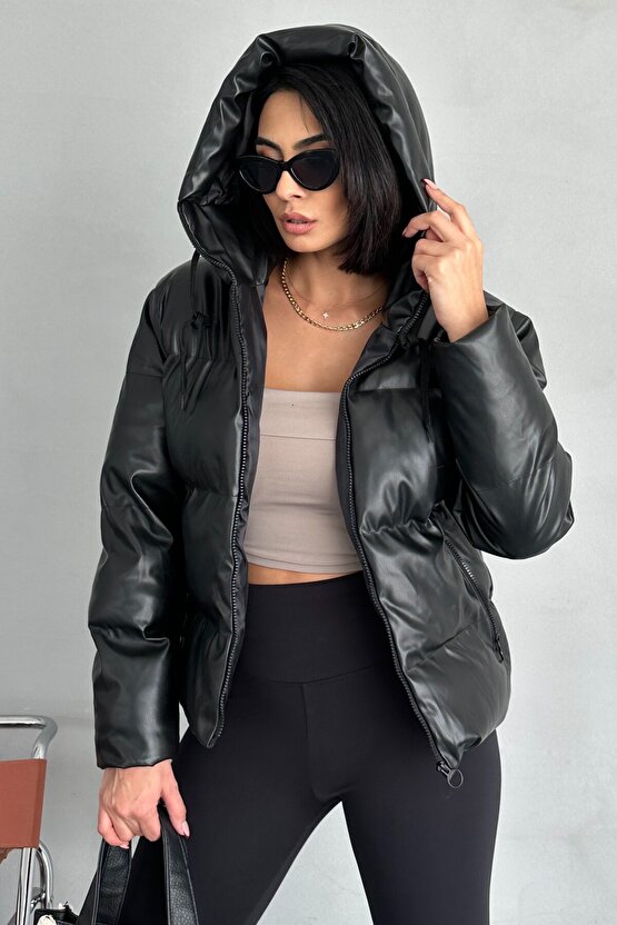 Kadın Siyah Deri Kapüşonlu Şişme Mont - Oversize