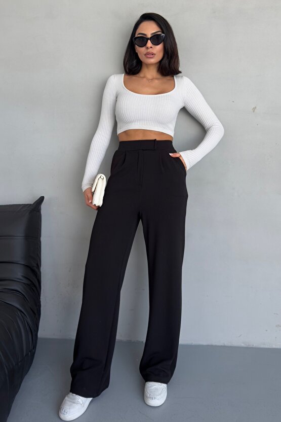 Kadın Likralı Cırt Kapama Siyah Palazzo Pantolon - Yüksek Bel Günlük Rahat Kalıp