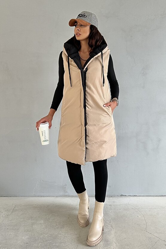 Kadın Çift Taraflı Uzun Şişme Yelek Kapüşonlu Oversize - Siyah, Bej