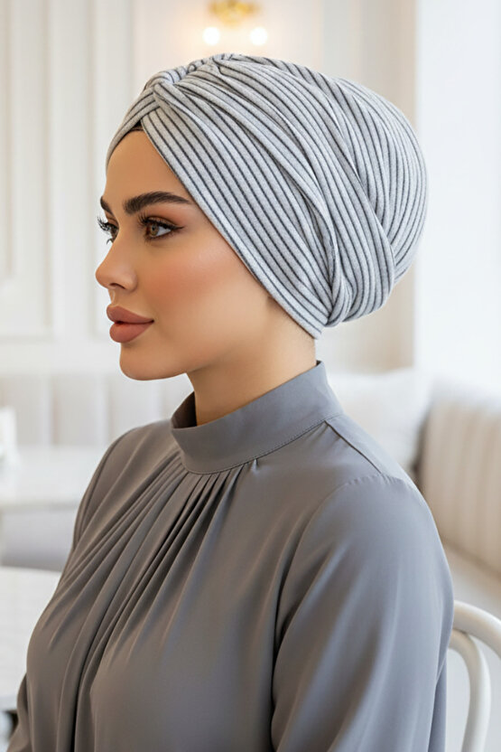 Gri Çizgili Büzgülü Salaş Bone