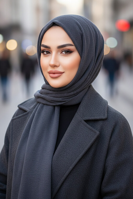 Antrasit Kapüşonlu Kışlık Çıtçıtlı Şal