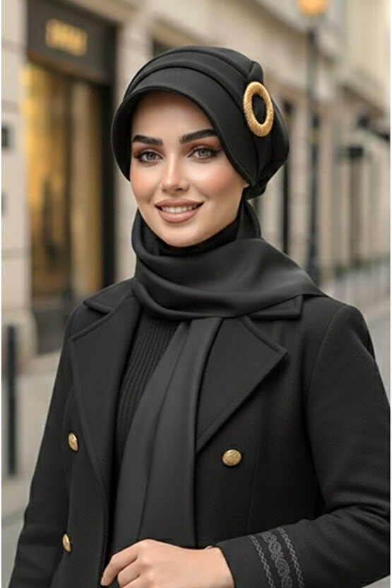 Siyah Gold Tokalı Tesettür Şapka
