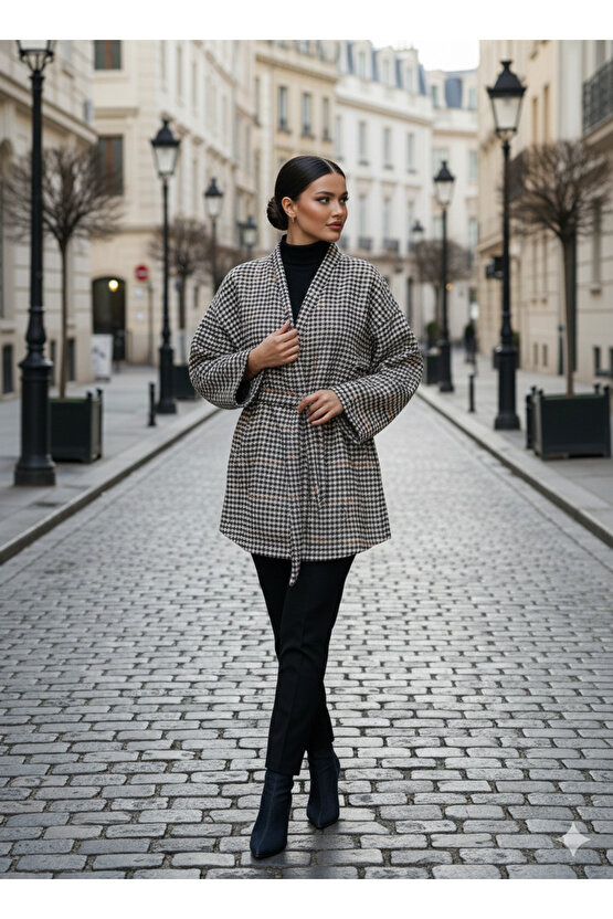 Siyah Taba Kaşe Kazayağı Desen Kuşaklı Kimono Ceket  Kışlık Ürün