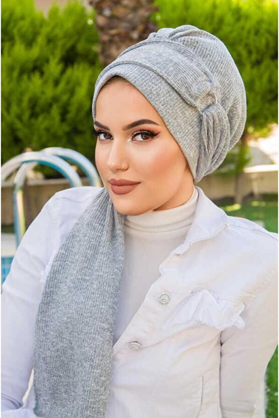 Gri Toka Detaylı Atkılı Bone