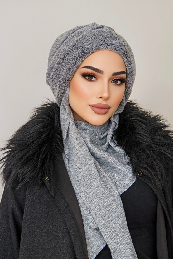 Gri Kürklü Kelebek Bone Şal